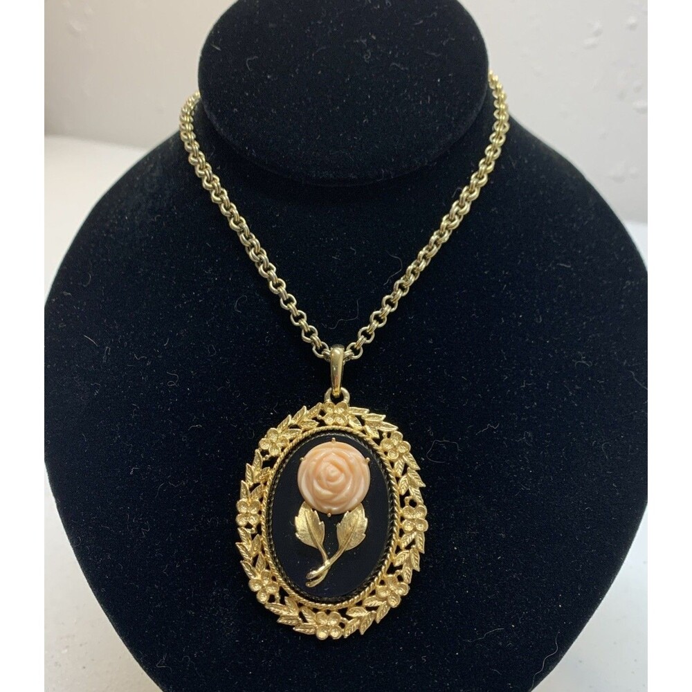 Vintage Avon Serena Rose Cameo & Mirror Long Necklace Gold Tone 30”